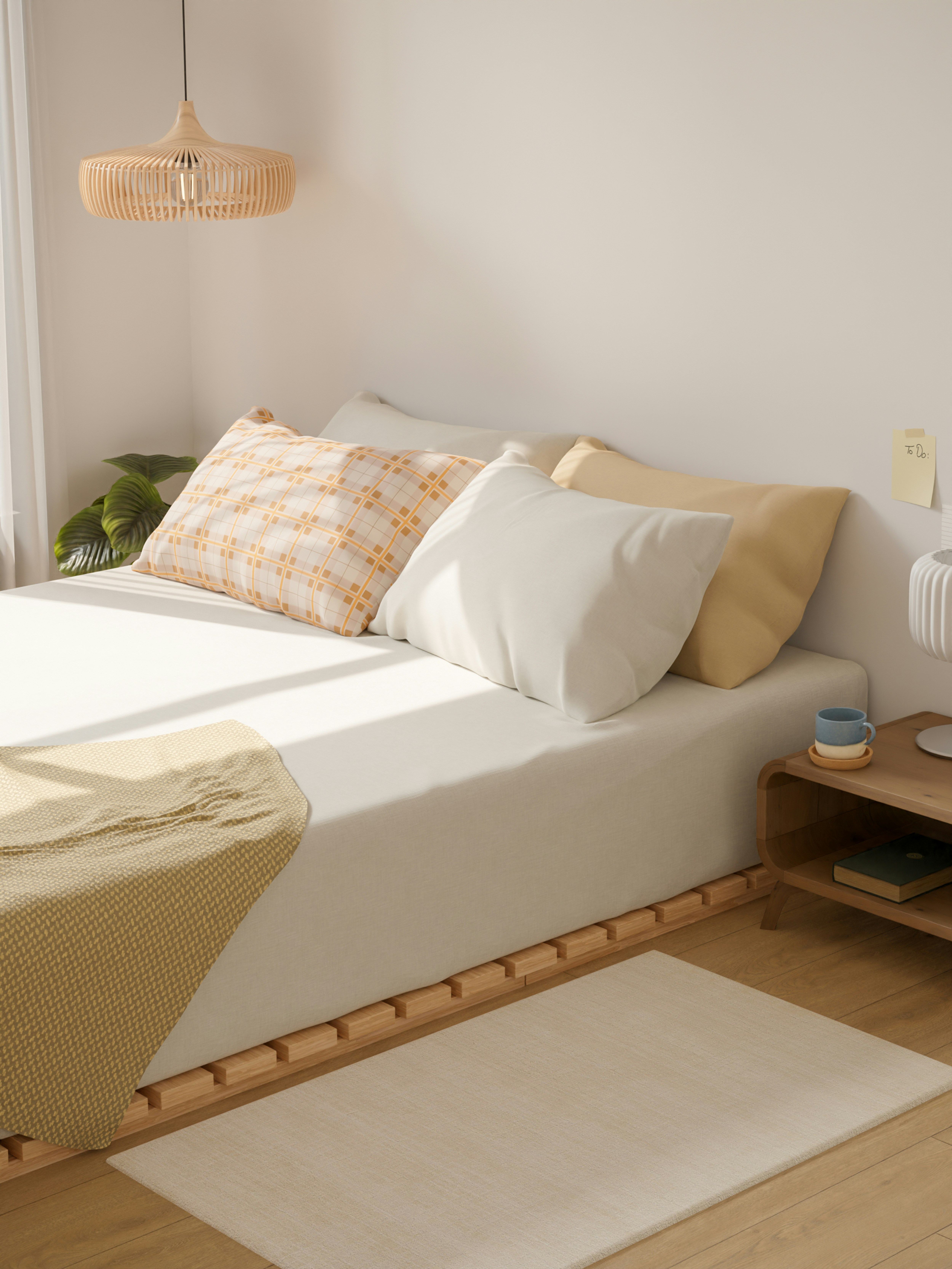 Airy bedroom with patterned cushions — custom made at Amber's