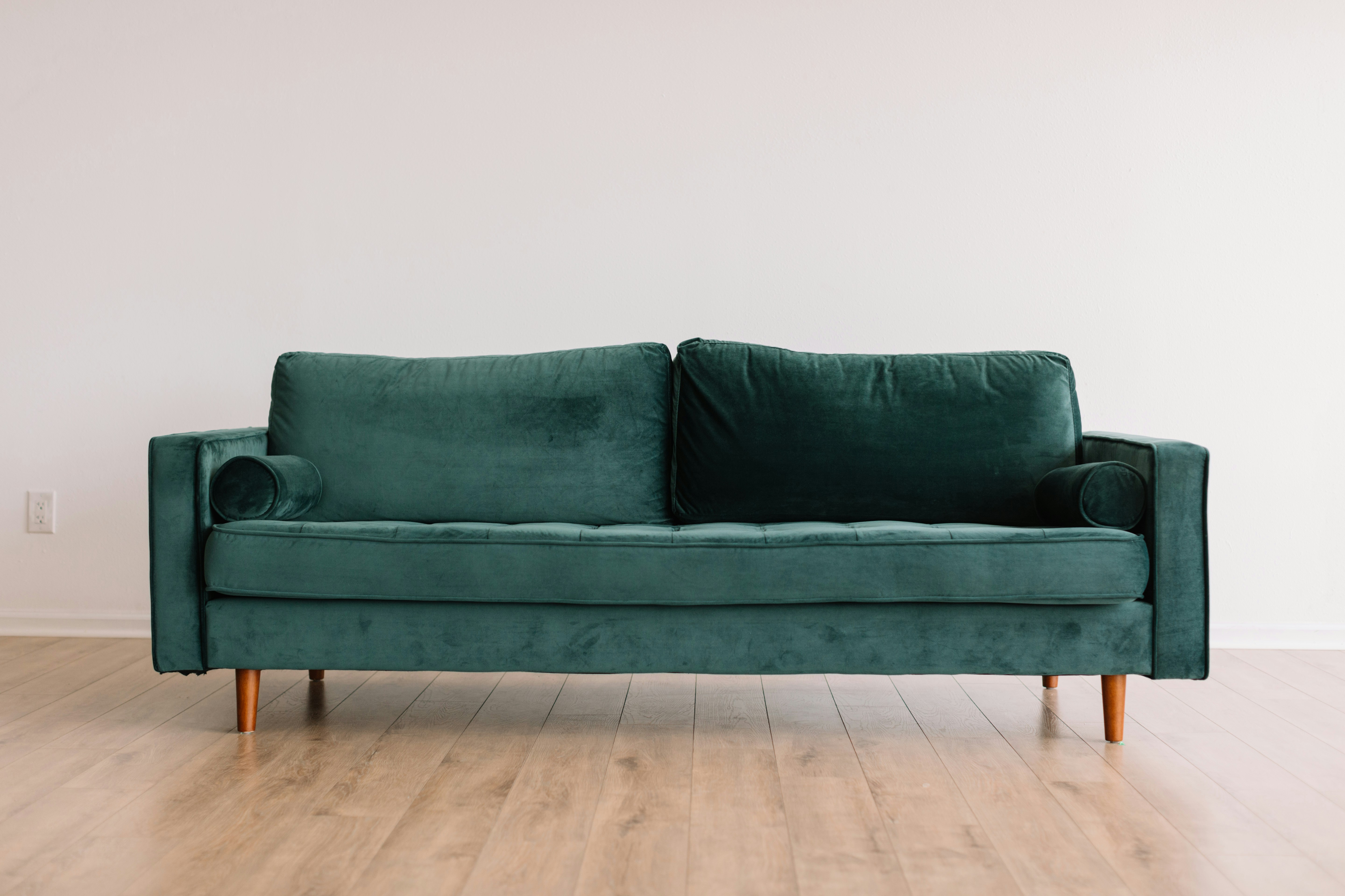 Beautiful teal velvet sofa — custom upholstery by Amber's